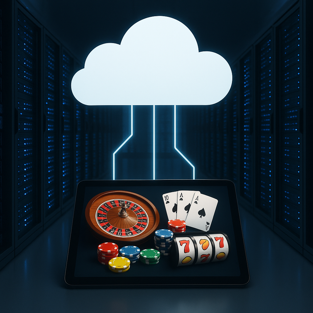 Futuristic cloud servers powering online casino gaming with roulette, cards, and slot icons glowing in a digital data center.