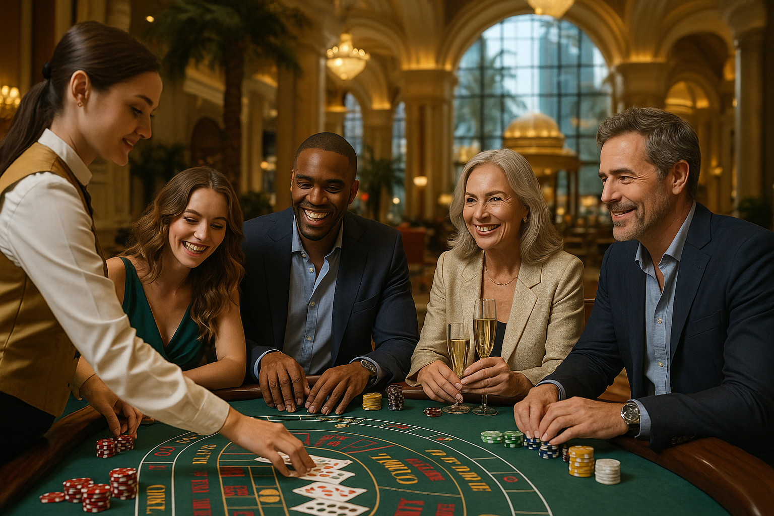 Diverse group of guests enjoying a luxury casino resort, smiling around a gaming table with elegant decor and warm lighting