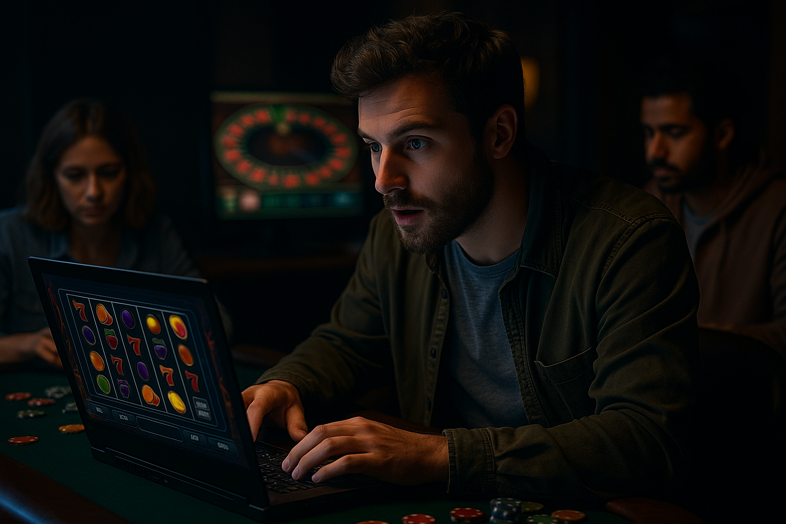 Real iGaming players engaged in online casino gameplay on laptops in a modern gaming environment